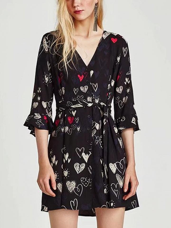 Choies Black V-neck Print Detail Ruffle Trim Mini Dress