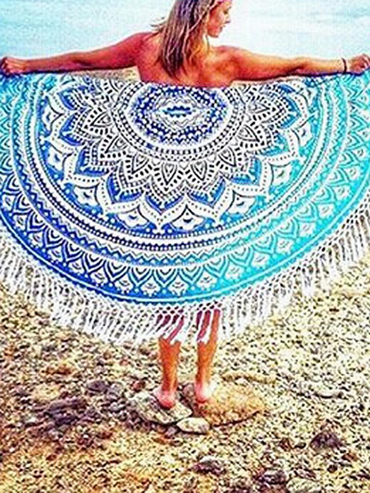 Choies Light Blue Folk Print Tassel Trim Cape