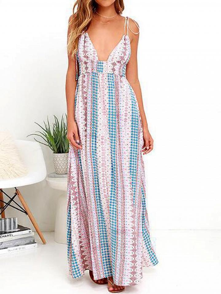 Choies Pink Plunge Floral Print Casual Women Cami Maxi Dress