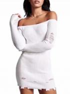 Choies White Off Shoulder Ripped Long Sleeve Knitted Bodycon Mini Dress
