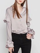 Choies Gray Satin Look V-neck Ruffle Trim Long Sleeve Shirt