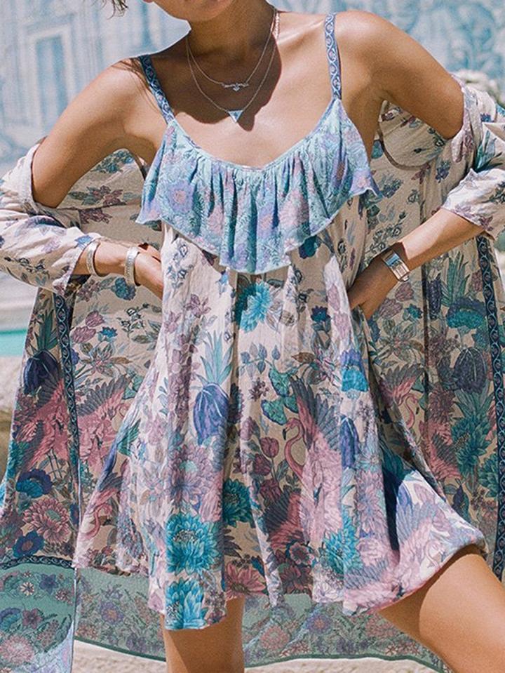 Choies Polychrome Cotton V-neck Floral Print Chic Women Cami Mini Dress