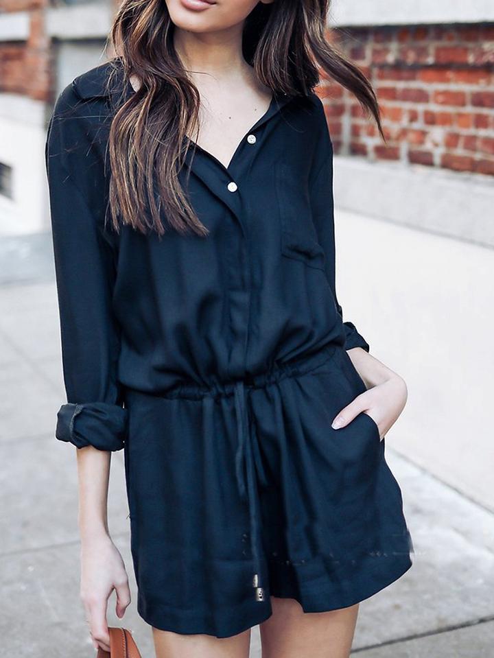 Choies Dark Blue Drawstring Waist Long Sleeve Romper Playsuit