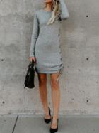Choies Light Gray Cotton Eyelet Lace Up Side Long Sleeve Women Mini Dress