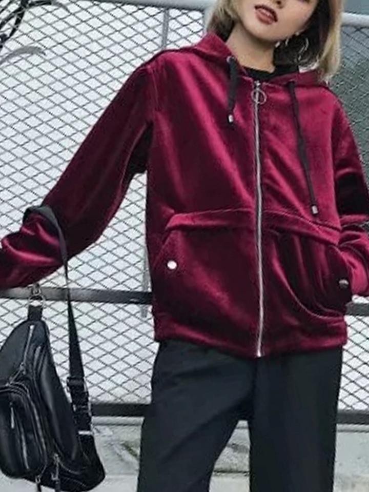 Choies Burgundy Velvet Zip Front Long Sleeve Hooded Coat