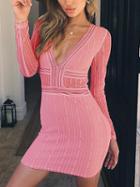 Choies Pink Plunge Open Back Long Sleeve Lace Bodycon Mini Dress