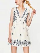 Choies White V-neck Embroidery Tile Ruffle Detail Mini Dress