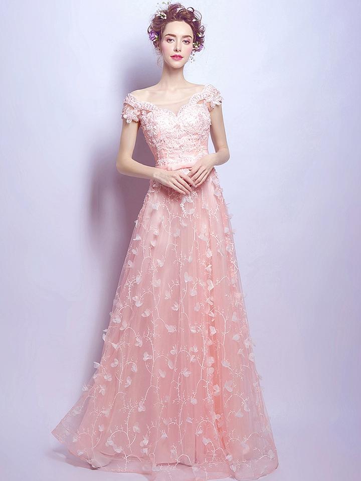 Choies Pink Bardot Embroidery Applique A-line Maxi Prom Dress