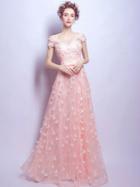 Choies Pink Bardot Embroidery Applique A-line Maxi Prom Dress