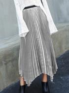 Choies Silver High Waist Asymmetric Hem Pleated Midi Skirt