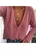 Choies Pink V-neck Long Sleeve Women Knit Sweater