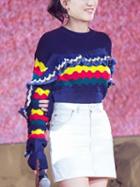 Choies Navy Blue Stripe Ruffle Detail Long Sleeve Knit Sweater