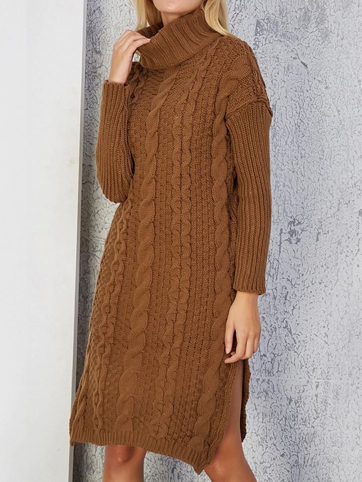 Choies Camel Brown High Neck Long Sleeve Chic Women Knit Mini Dress