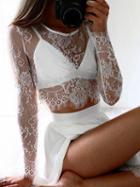 Choies White Long Sleeve Lace Crop Top