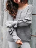 Choies Gray Ruffle Detail Long Sleeve Knit Sweater