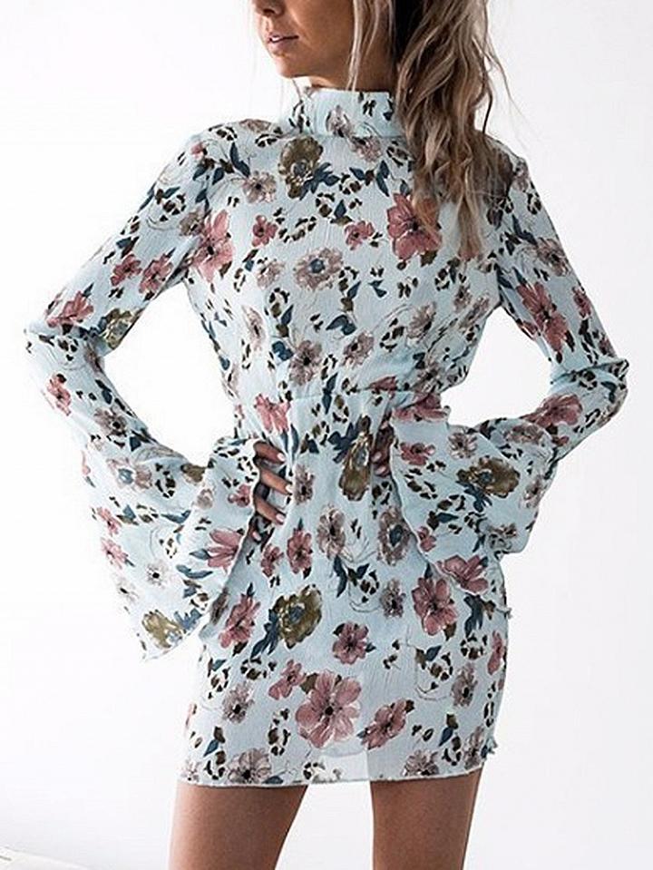 Choies Light Blue Halter Floral Print Open Back Flare Sleeve Mini Dress
