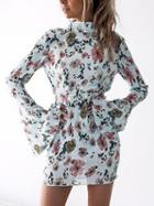Choies Light Blue Halter Floral Print Open Back Flare Sleeve Mini Dress
