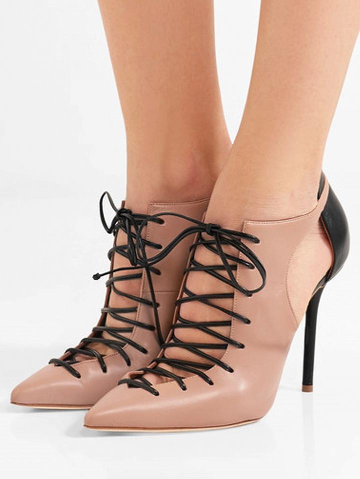 Choies Pink Leather Lace Up Cut Out Pointed Contrast Heeled Shoes