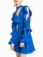 Choies Royal Blue Plunge Choker Neck Ruffle Cold Shoulder Mini Dress
