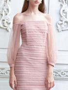 Choies Pink Off Shoulder Sheer Mesh Panel Puff Sleeve Mini Dress