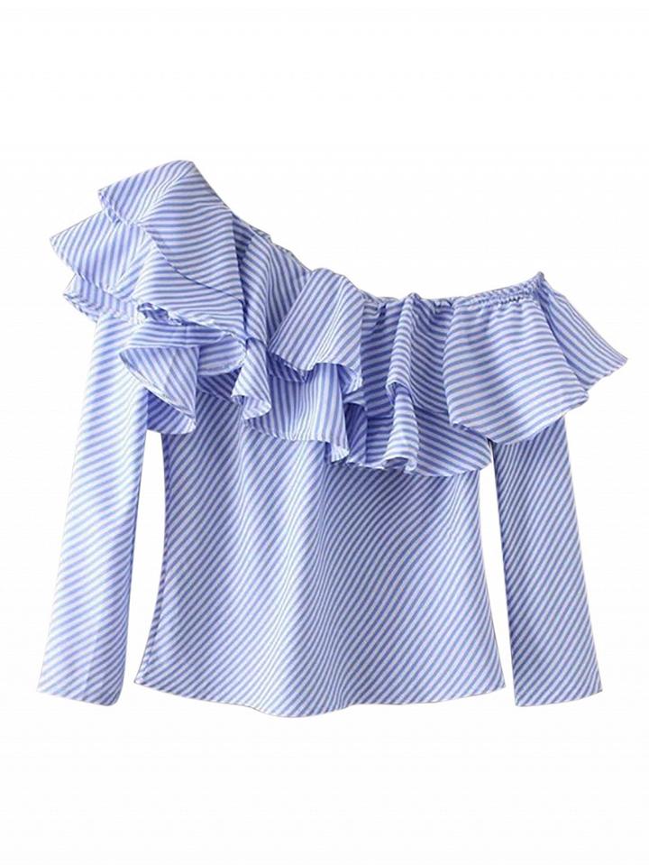 Choies Blue Stripe Off Shoulder Ruffle Detail Long Sleeve Blouse