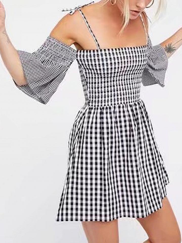 Choies Black Plaid Stretch Off Shoulder Flared Sleeve Strap Mini Dress