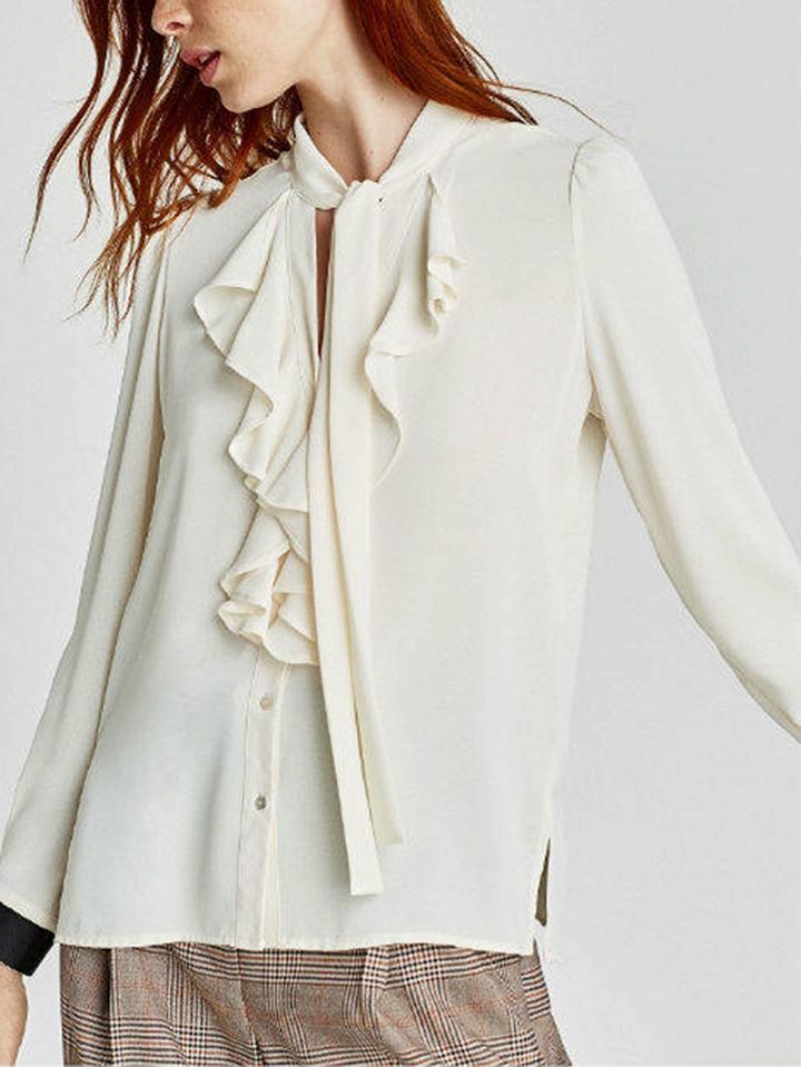 Choies Beige Contrast Bow Front Ruffle Trim Long Sleeve Shirt