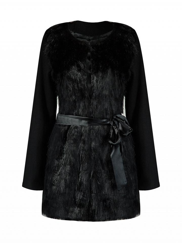 Choies Black Tie Waist Faux Fur Longline Coat