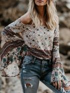 Choies White Off Shoulder Floral Print Flare Sleeve Blouse