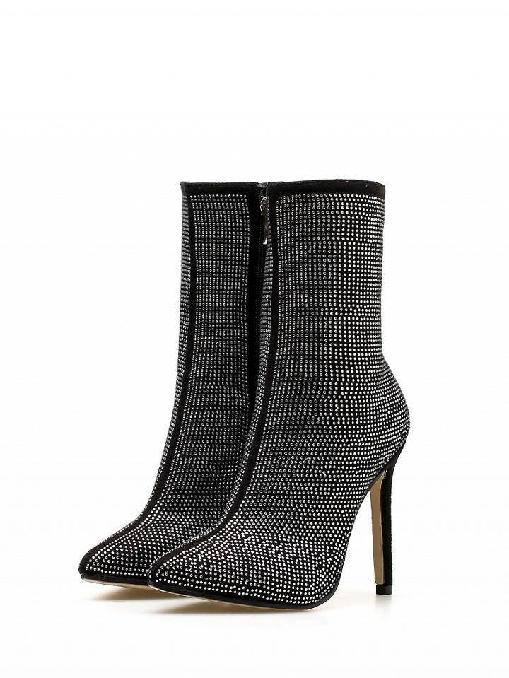 Choies Black Velvet Sequin Detail Pointed Toe High Heeled Ankle Boots