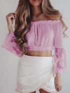 Choies Pink Off Shoulder Sheer Lace Sleeve Crop Top