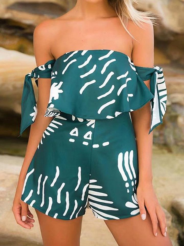 Choies Green Off Shoulder Leaf Print Tie Sleeve Romper Playsuit