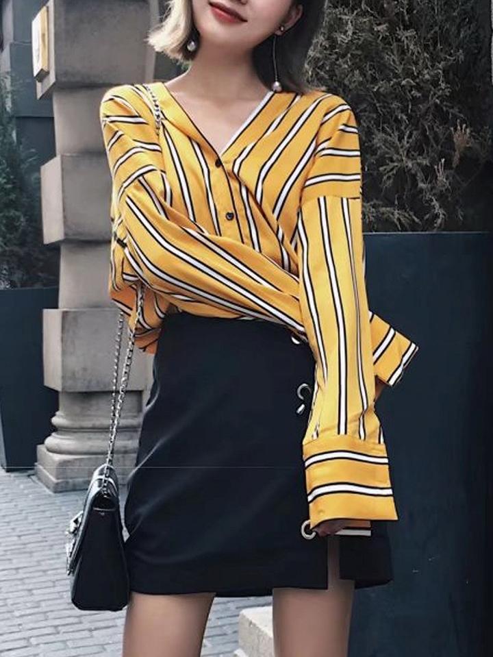 Choies Yellow Stripe V-neck Drop Shoulder Long Sleeve Shirt