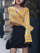 Choies Yellow Stripe V-neck Drop Shoulder Long Sleeve Shirt