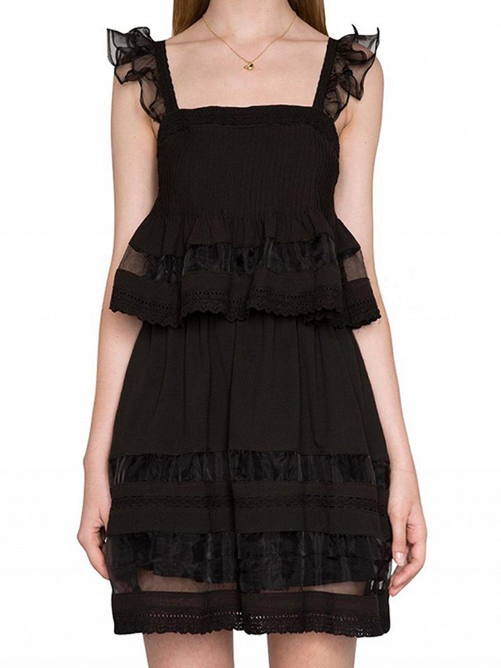 Choies Black Square Neck Sheer Panel Peplum Lace Trim Dress