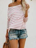 Choies Pink Stripe Cotton Asymmetric Neck Long Sleeve Chic Women T-shirt