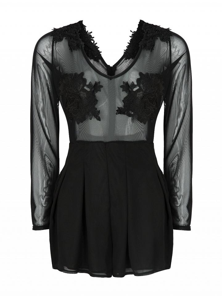 Choies Black V-neck Sheer Long Sleeve Romper Playsuit