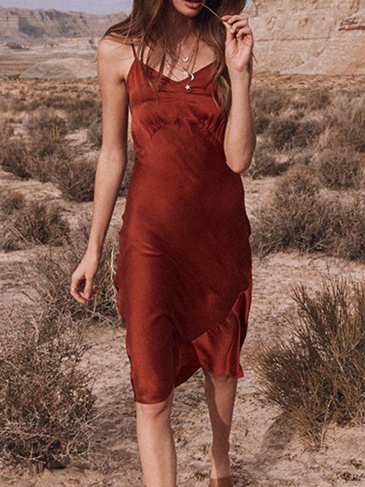 Choies Red Satin Look V-neck Open Back Chic Women Cami Midi Dress