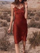 Choies Red Satin Look V-neck Open Back Chic Women Cami Midi Dress