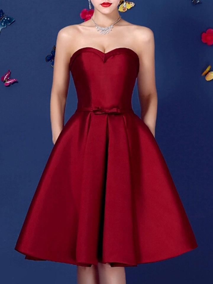 Choies Wine Red Sweetheart Bowknot Waist Lacing Back Strapless Prom Skater Dress