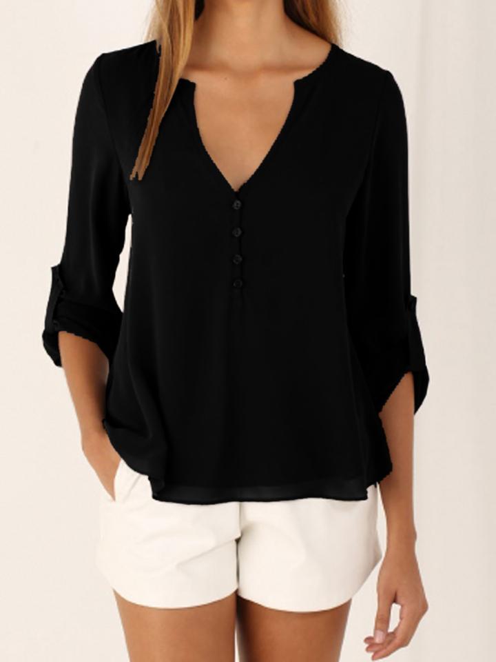 Choies Black V-neck Button Detail Dip Back Blouse