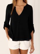 Choies Black V-neck Button Detail Dip Back Blouse