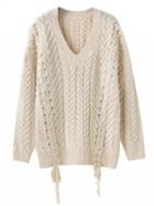 Choies Beige V-neck Lace Up Side Cable Knit Sweater