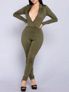 Choies Army Green Plunge Long Sleeve Jumpsuit