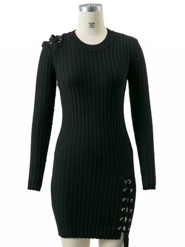 Choies Black Lace Up Detail Long Sleeve Knit Bodycon Mini Dress