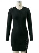 Choies Black Lace Up Detail Long Sleeve Knit Bodycon Mini Dress