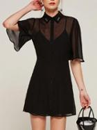 Choies Black Embroidered Collar Button Front Sheer Chiffon Dress