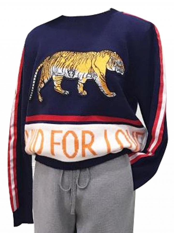 Choies Blue Stripe Tiger Embroidery Letter Pattern Knit Sweater