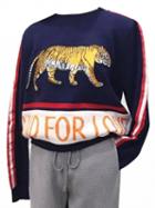 Choies Blue Stripe Tiger Embroidery Letter Pattern Knit Sweater
