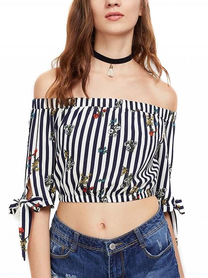 Choies Blue Stripe Off Shoulder Floral Print Tie Cuff Crop Top
